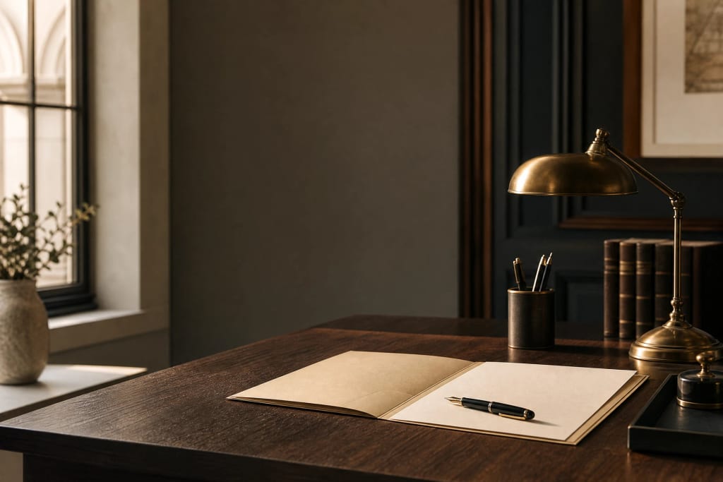 A warmly lit estate-planning desk with an open folder, fountain pen, brass lamp, and law books